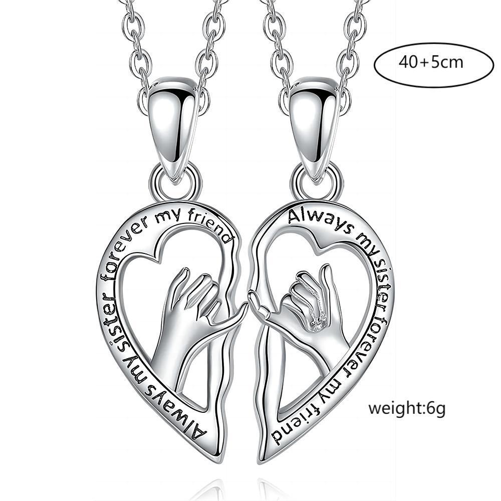 2-Piece Best Friend Heart Pendant Set, Silver Hand Holding Necklace for Girls, Long Distance Friendship Birthday Gift, BFF Jewelry for Women