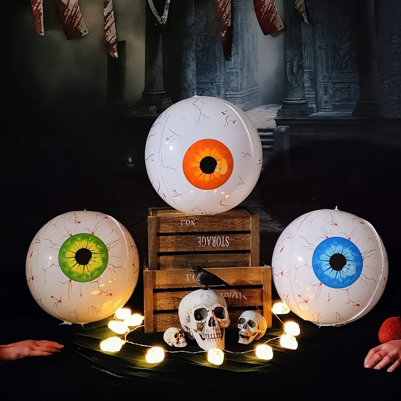 A set of 3 Halloween inflatable eyeballs, 4D horror garden decorations, classic style ground-mounted outdoor props, themed holiday party decorations - 22-inch maze eyeballs