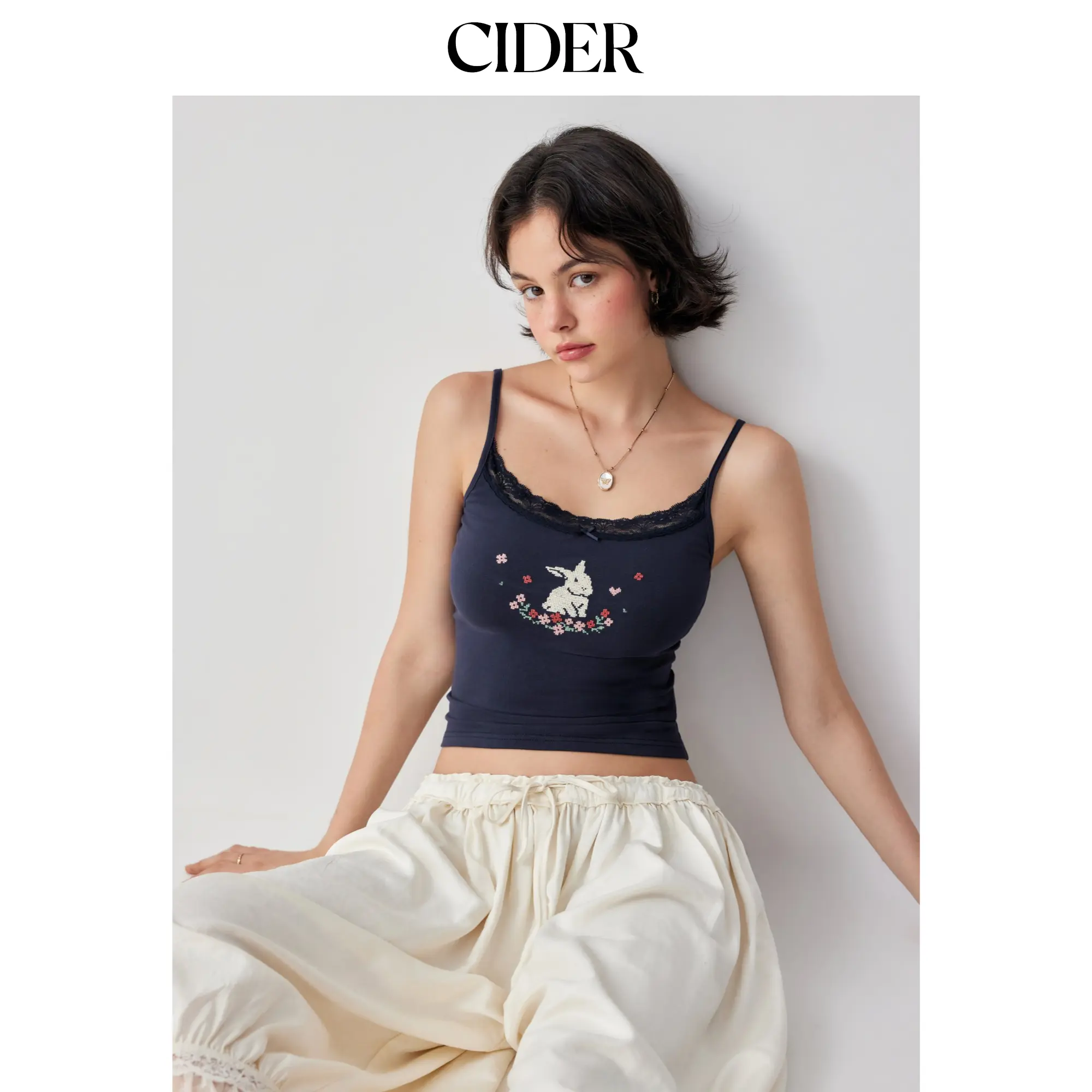 Cider Bunny Graphic Sweetheart Neck Embroidery Lace Trim Bowknot Cami Top