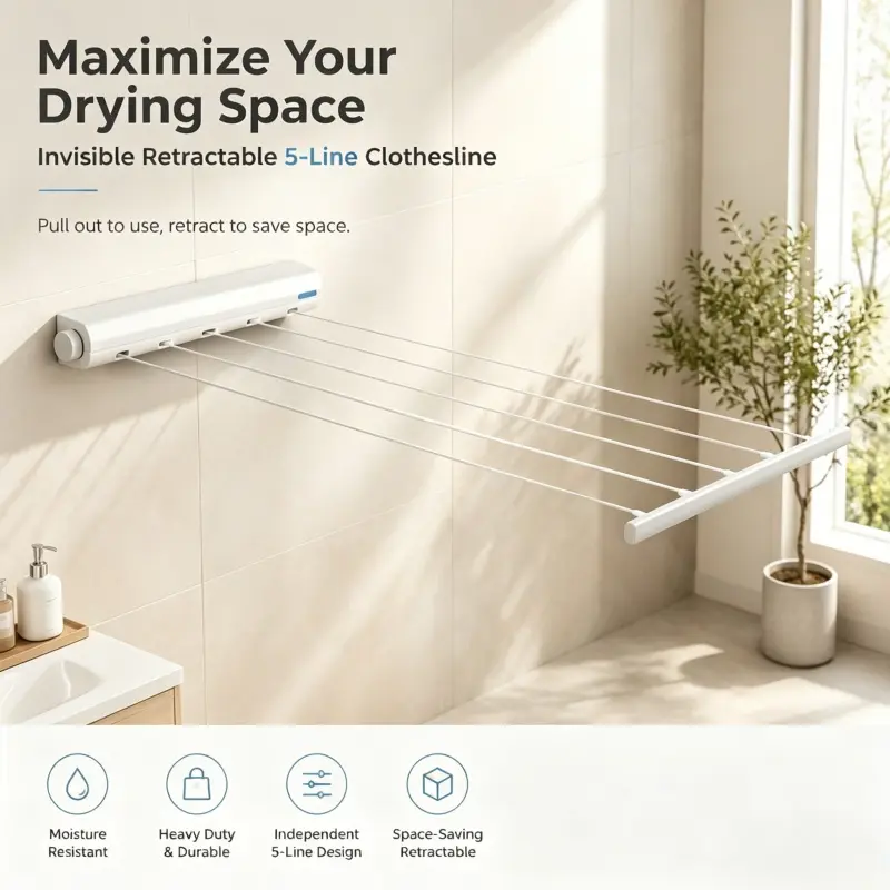 Wall Mounted Invisible Retractable 5-Line Clothes Drying Rack, Space-Saving Foldable Laundry Clothesline, Perfect for Bathroom, Balcony, Apartment Indoor Wet Garment Drying