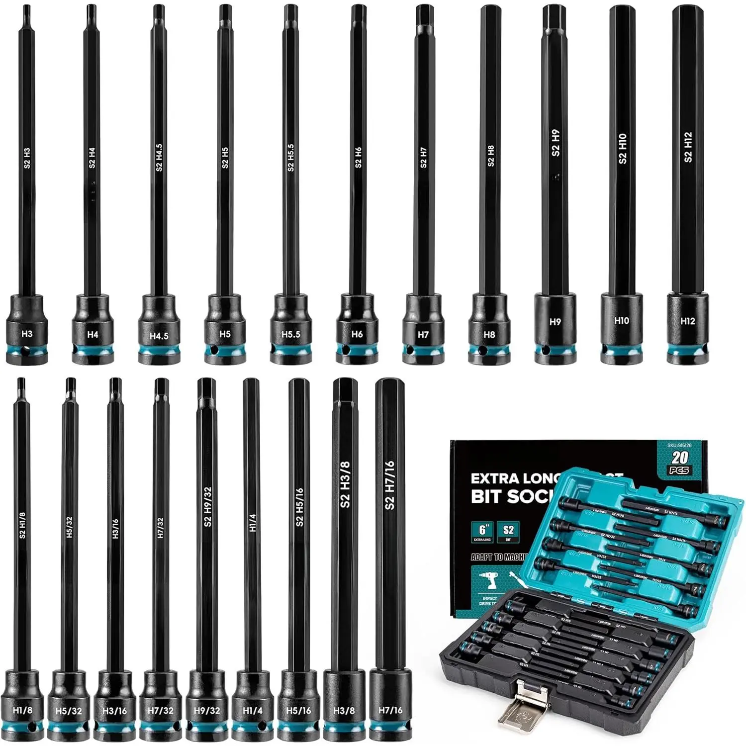 20-Piece 3/8" Drive Extra Long Impact Hex Bit Socket Set - S2 Alloy Steel, 6 Inches Long, SAE&Metric Allen Wrench Sockets with Blow Molded Box for Heavy Tasks