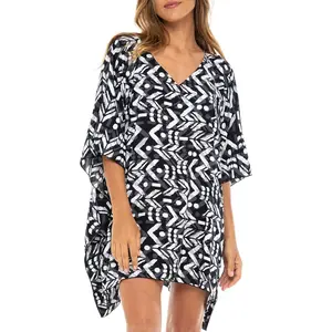 Womens Swimsuit Cover Up Caftan Short Knee Length Art Print Tunic Top Bathing Suit Beach Poncho