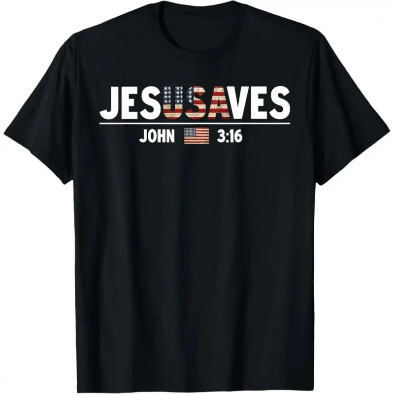 Men's 100% Premium Cotton Short-Sleeve Round Neck Casual T-Shirt - Jesus Saves, JesUSAves, USA American Flag Patriotic Christian Top, Tshirt, Shortsleeve