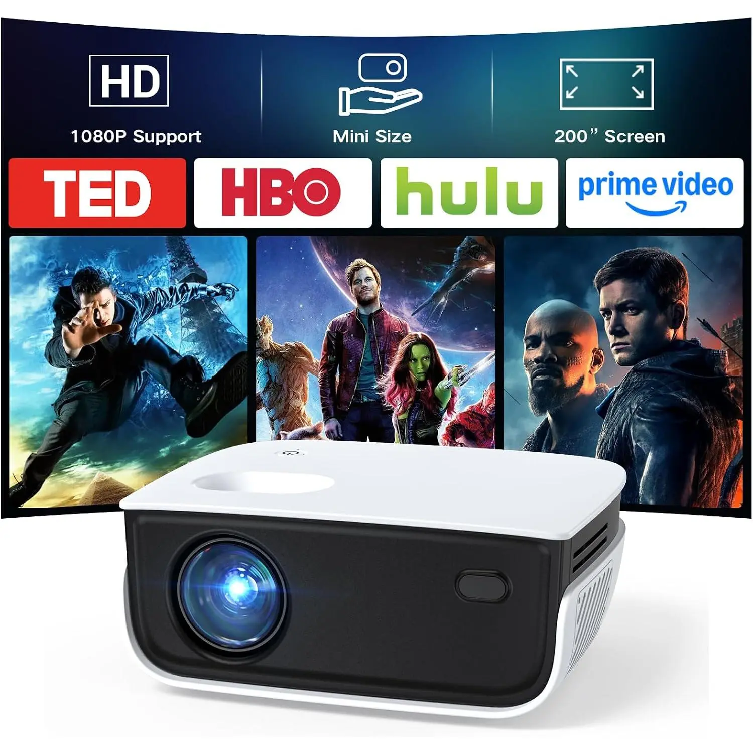 Mini Projector,  Upgrade Portable Outdoor Movie Projector, 1080P and 200" Supported Small Projector Compatible with TV Stick, Phone, PS5, HDMI, USB for , Bedroom, Gaming, Outdoor Use