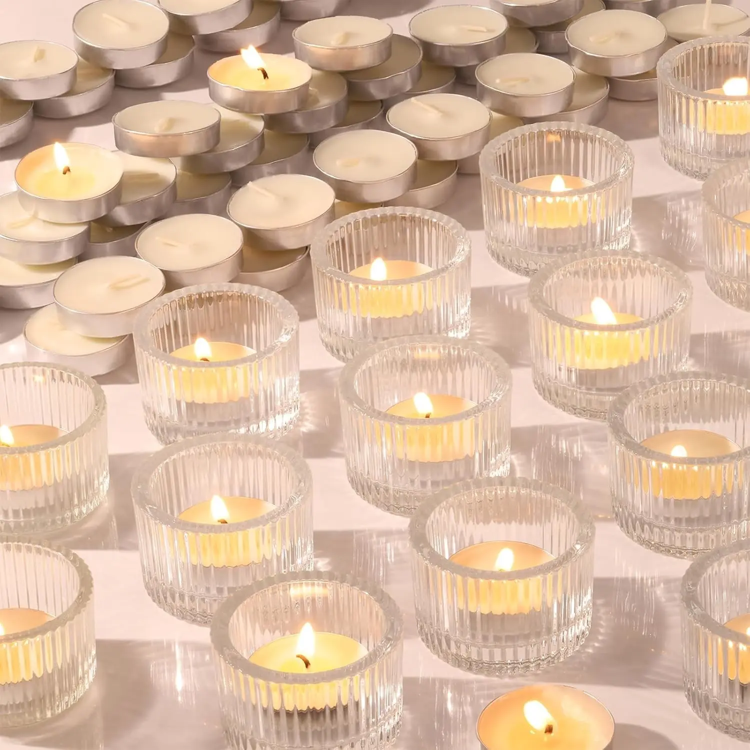 30Pcs Clear Tealight Candle Holder with 32pcs Tea Light Candles, Ribbed Votive Candle Holders Glass for Table Centerpiece, Wedding Decor, Home and Holiday Decor