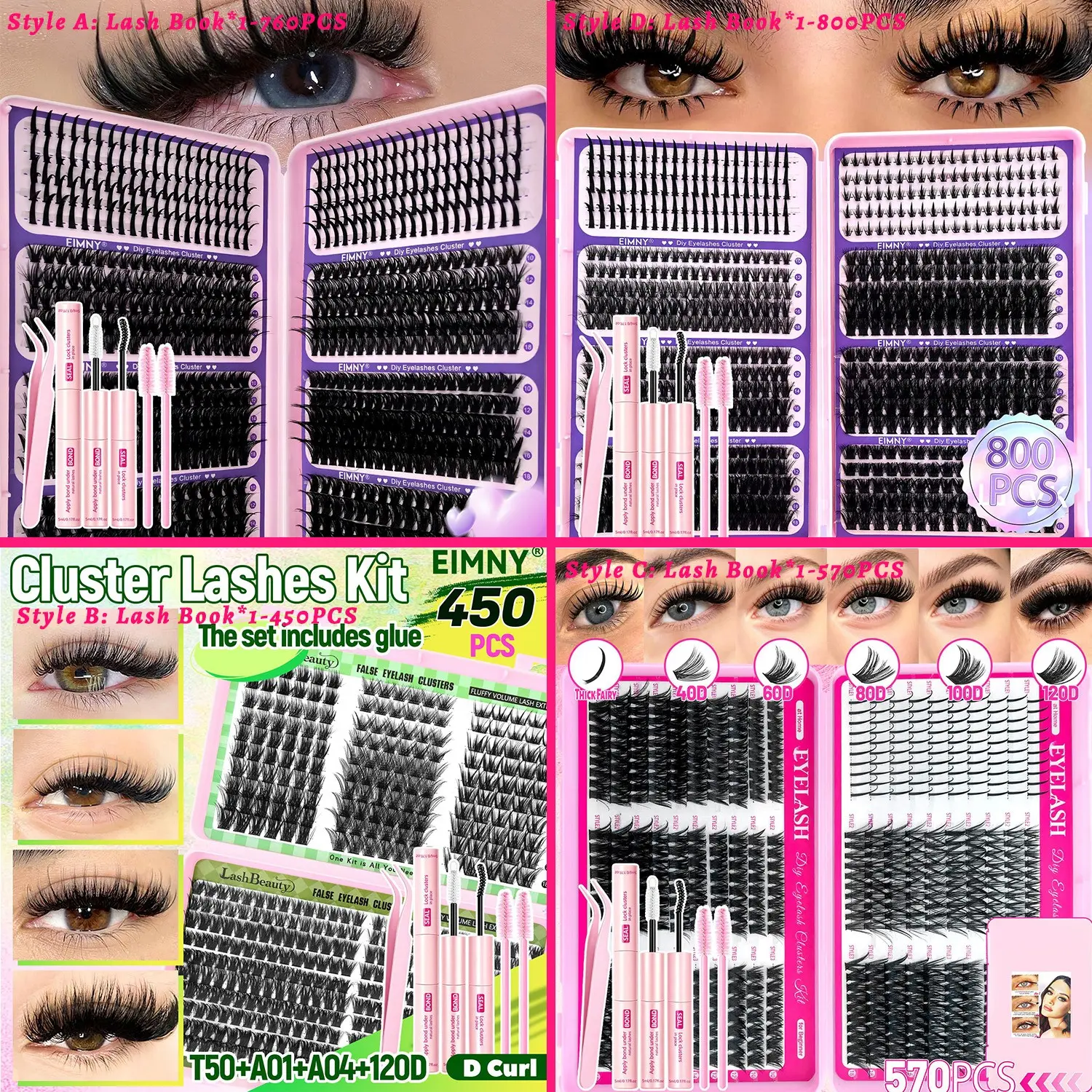 760Pcs EIMNY Anime Spike and 100D 80D 60D Lash Clusters Kit Eyelash Set 7 Styles for Natural Wispy Bold Manga and Edgy Spiky Eye Looks D Curl Plant Based Fibers Mixed Length with 2 in 1 Bond and Seal Professional Tweezers for Beginners and Salon Use