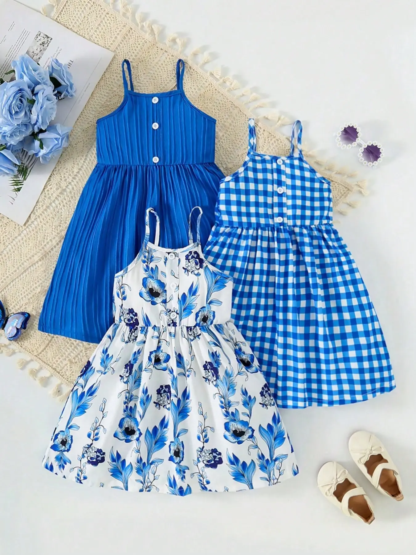 3-Piece Set Girls' Floral Print Halter Dress, Solid Color Button Halter Dress, Plaid Print Patchwork Button Decor Halter Dress, Summer, Dresses For Summer, Little Girl Dress