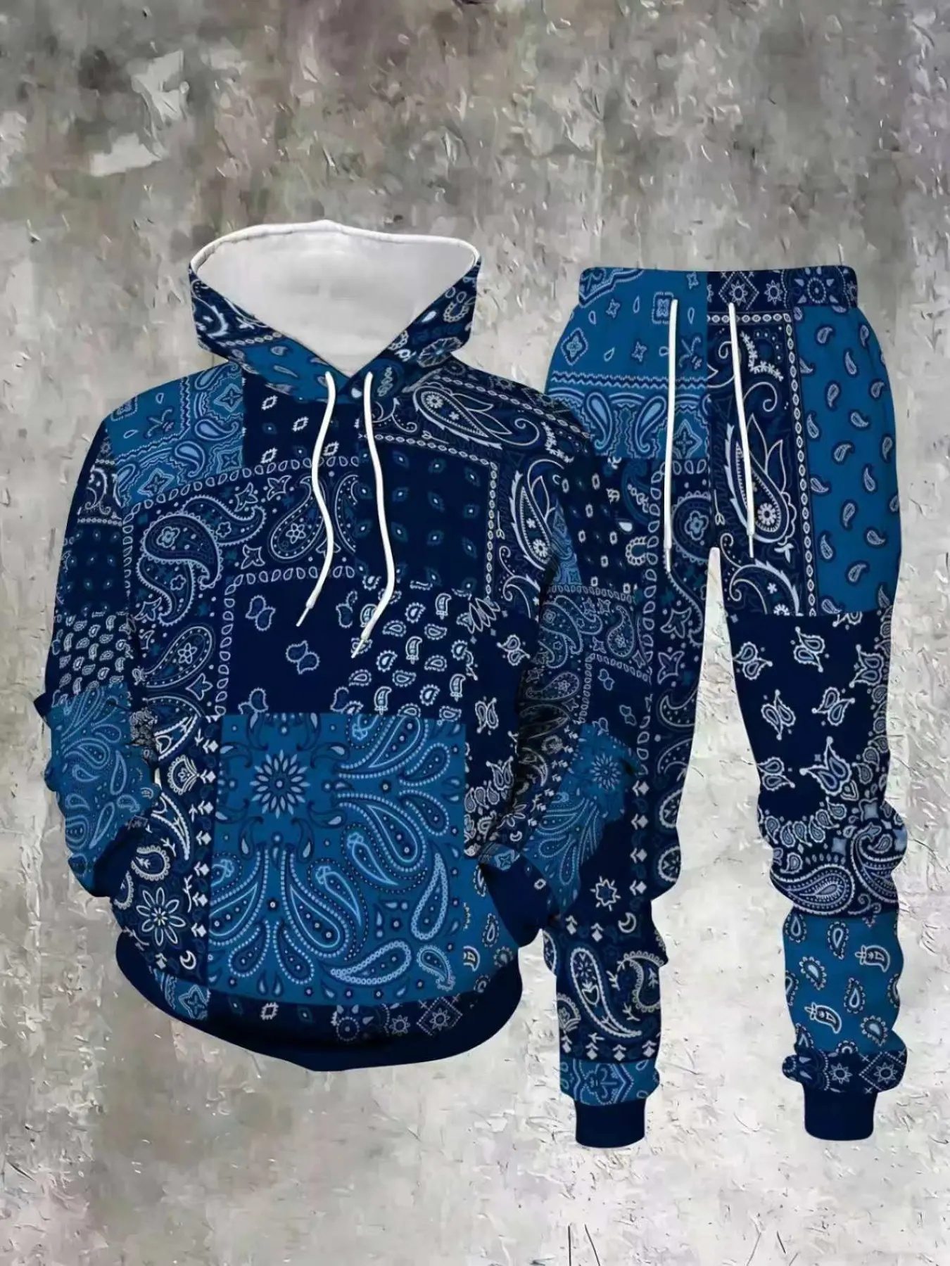 Men's Blue Patchwork Paisley Print Hoodie Set, Drawstring Sweatshirt + Cargo Pants, Spring Fall Streetwear, Casual Daily Wear
