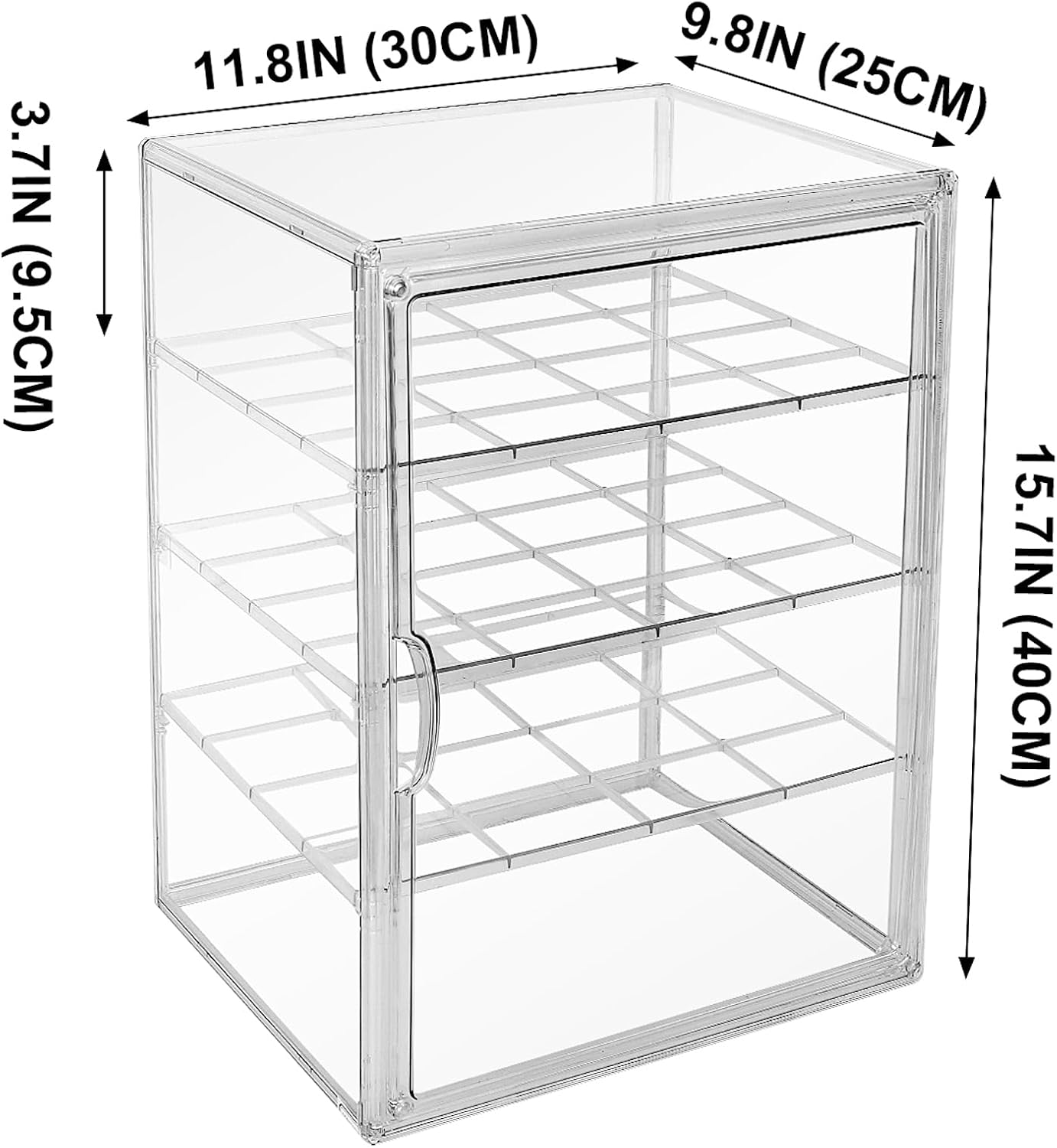 4 Tiers 15.7"X11.8"X9.8" Clear  Organizer Box Display Case, Plastic Holder with  Door and 3 Division Boards for Figures, Books, Handbags, Purses, Boots
