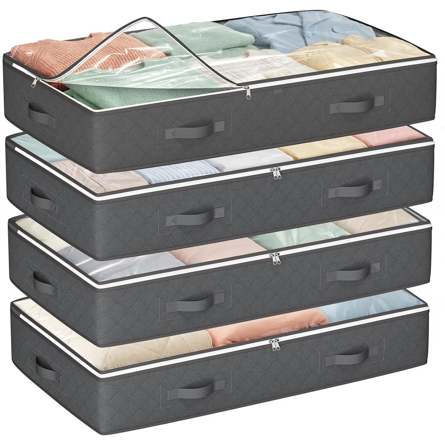 60L Under Bed Storage Containers, Storage Bins with Clear Lids, Foldable Closet Organizers for Clothes, Blankets, Shoes, Bed Sheets, Comforter, Wrapping Paper, Home Dorm Storage