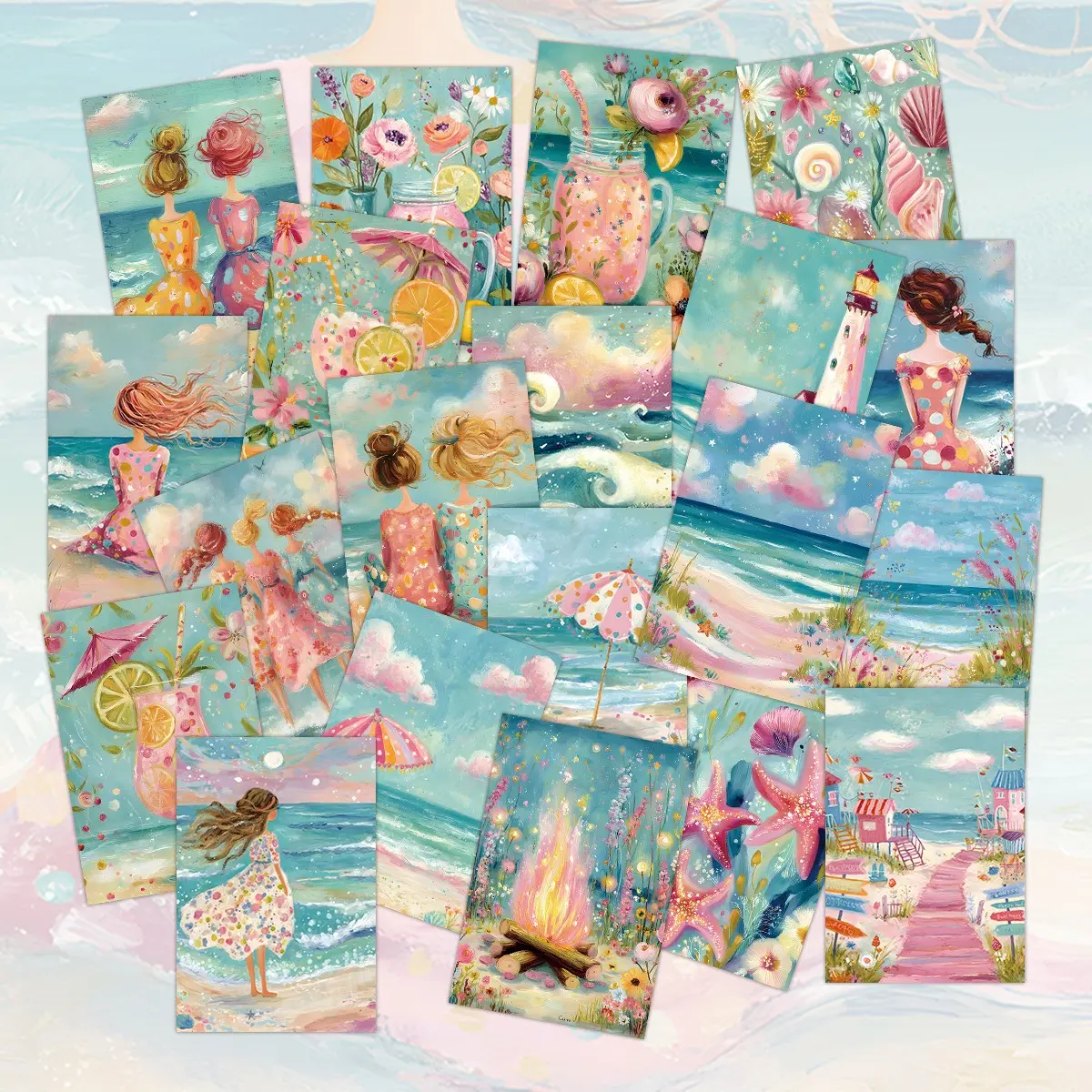 20 Dreamy Summer Beach Girl Postcards, Romantic Night Sky, Coastal Scenery, Perfect for Journals, Scrapbooks, Planners, DIY Crafts