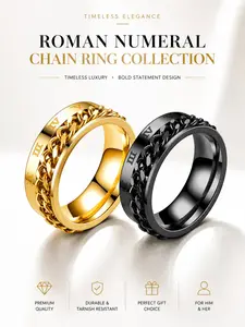 1 Set Roman Numeral Chain Ring Set, Luxury Minimalist Gold & Black Chain Band Ring Duo, Premium Stainless Steel 18K Gold Finish & Black Plated Statement Jewelry, Durable Tarnish Resistant Comfort Fit Design, For Men & Women Everyday Wear Gift Anniversary
