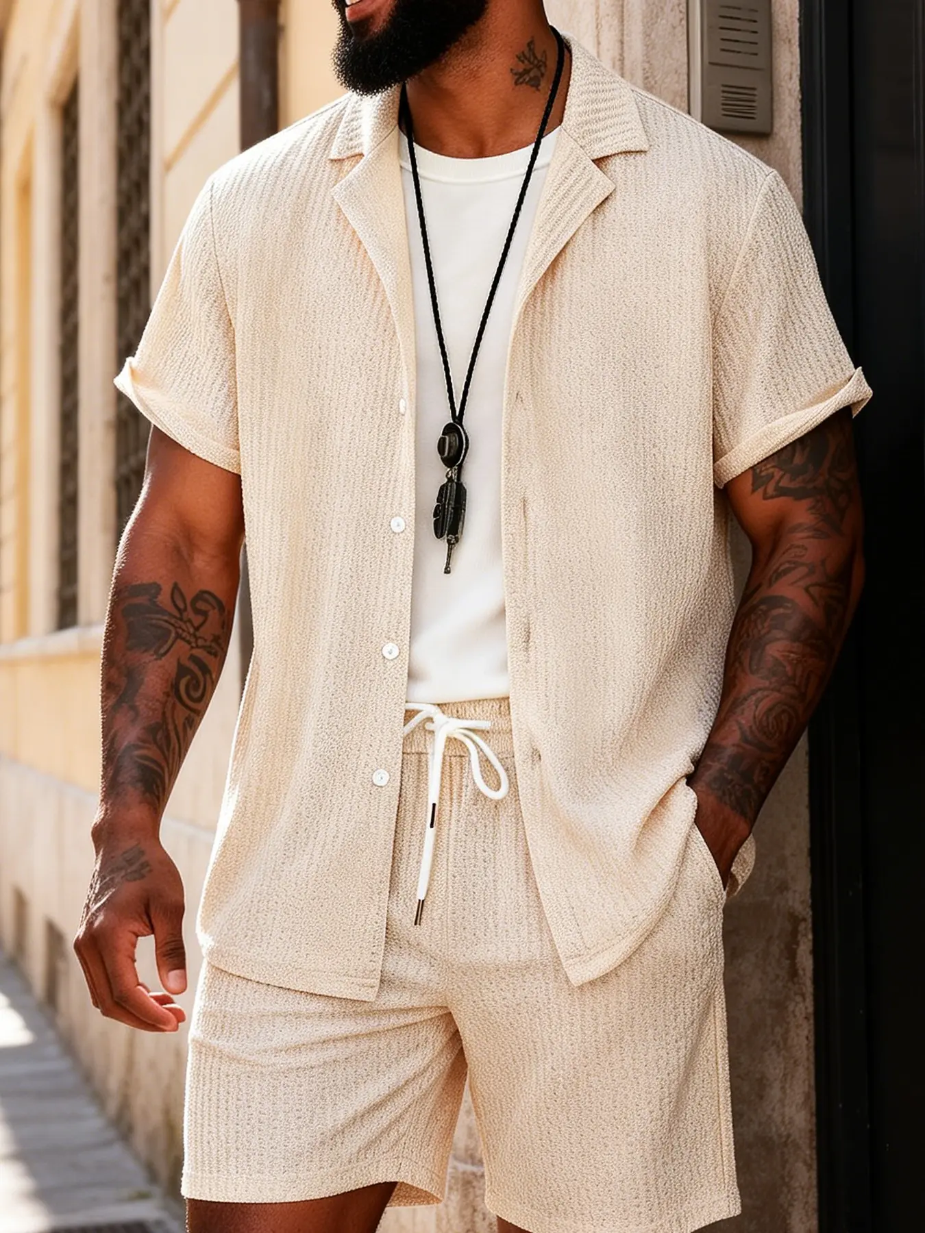 Summer Men 2 Piece Matching Tracksuit, Waffle Textured Cuban Collar Short Sleeve Shirt + Elastic Waist White Drawstring Casual Shorts, Breathable Light Knit Shorts Set Outfit For Beach Holiday Daily Street Style Home Wear