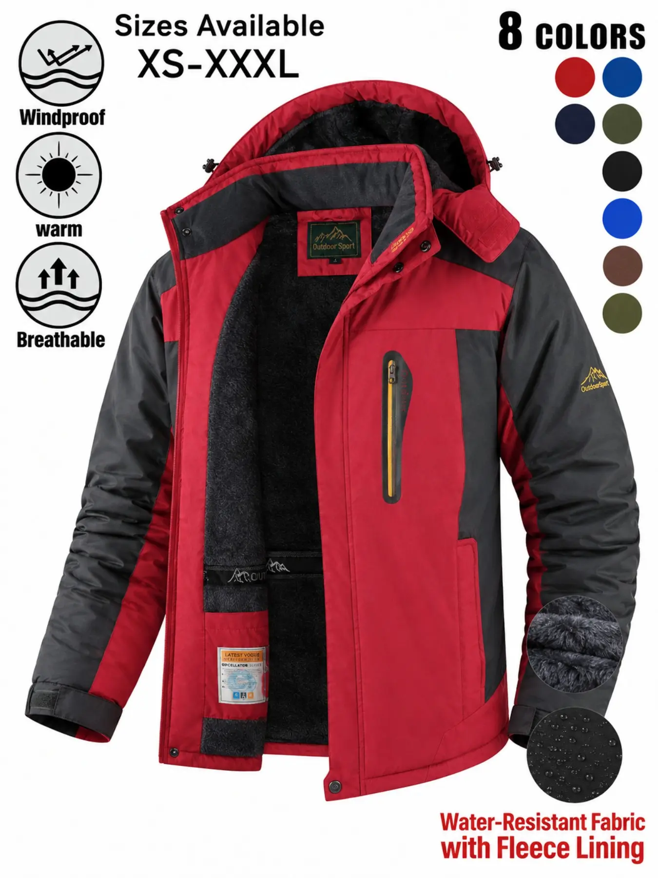 Men's Winter Ski Jacket, Warm Plush Lined Waterproof Windproof Hooded Outdoor Casual Thick Coat, Ideal for Hiking Running Camping Fishing