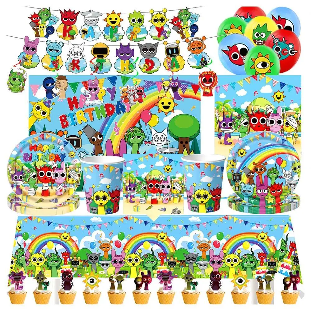 Incredibox Sprunki Party Supplies disposable party plates Backdrop Cake topper easter Children's birthday decoration Hen party