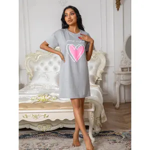 Women's Summer Short-Sleeve Nightgown Cartoon Heart Cute Korean Style Casual Loose Home Wear for Girls night gown