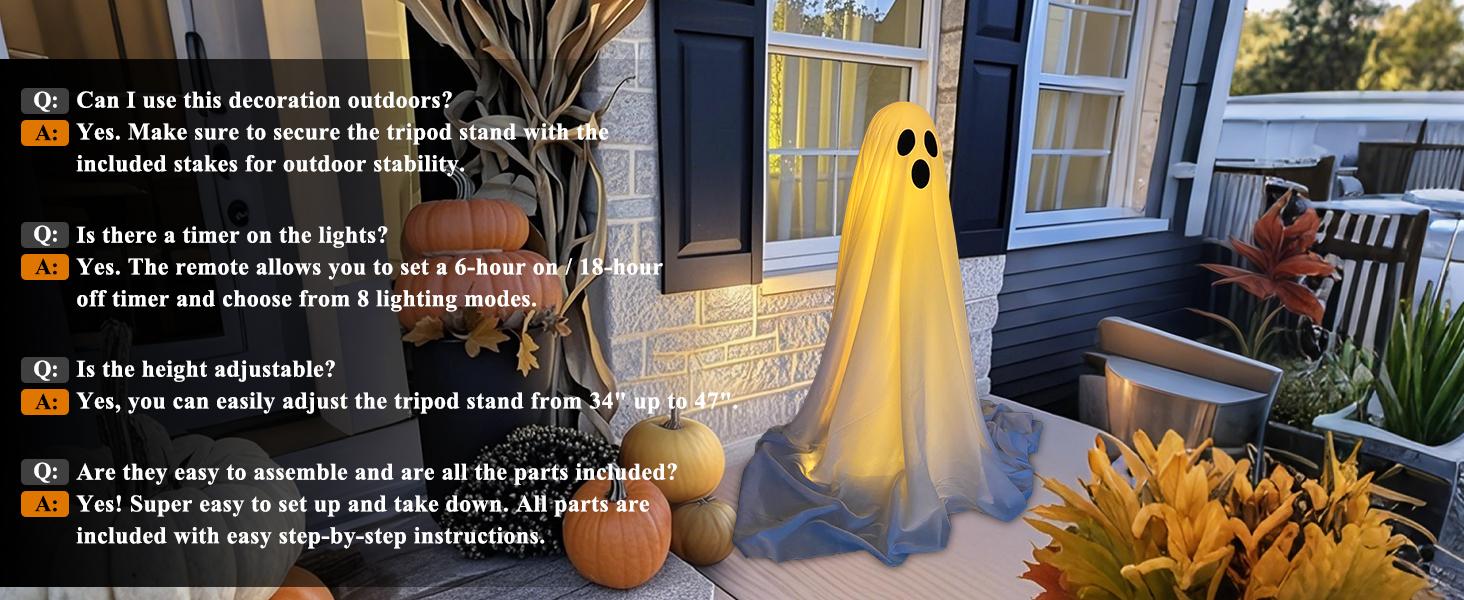 2Packs Halloween Decorations Outdoor, Spooky Halloween Ghost Decor with Remote String Lights Battery Operated, Easy to Assemble Ghost Decorations for Front Porch Yard
