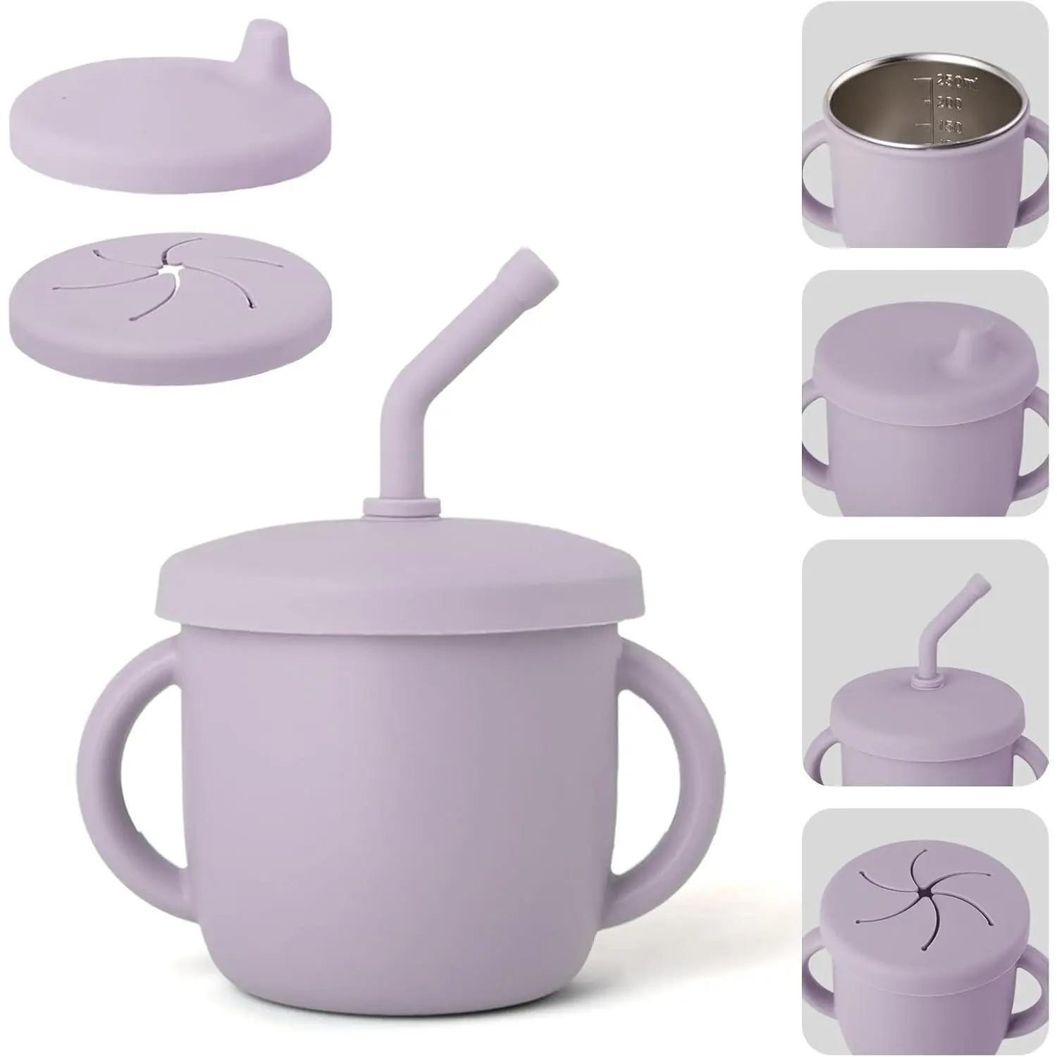 4-in-1 Stainless Steel Silicone Sippy Cup, 8.5oz Toddler Open Cup with Straw, Sippy & Snack Lids, For  Led Weaning, Toddlers 1-3 Years Trainning Kids Drinking, Dishwasher Safe, Lilac New model