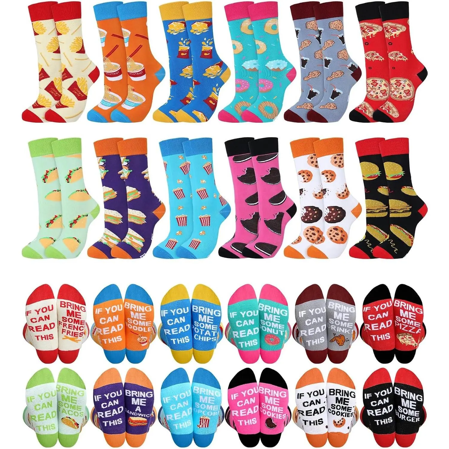 12 Pairs Snack Food Crew Socks for Men Women Fries Burger Pizza Popcorn Donut Pattern, Funny Text on Bottom, Novelty Colorful Biscuit Donut Design, Fun Dress Socks Gift for Food Lovers(Gift)