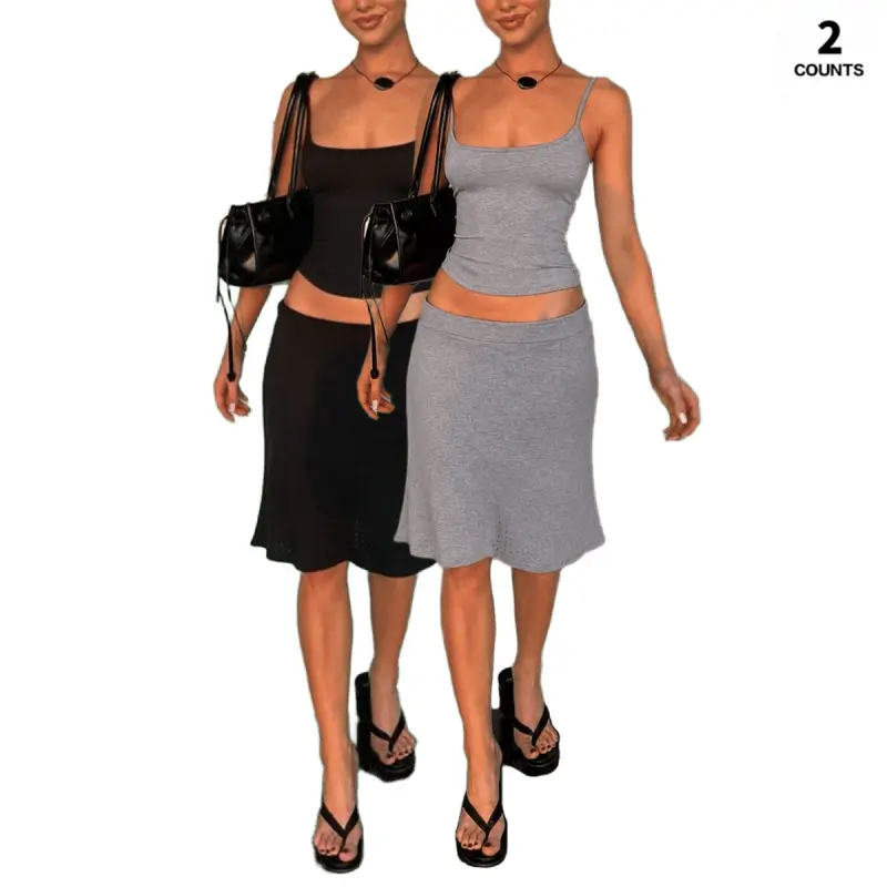 Women's 2-Pack 2-Piece Matching Set, Silky Nylon Spandex Bodycon Cami Top and Midi Skirt, Lightweight Essential Clubwear, Beach, Clothes, Loungewear, Knit, Evening, Fitted, Soft, Party