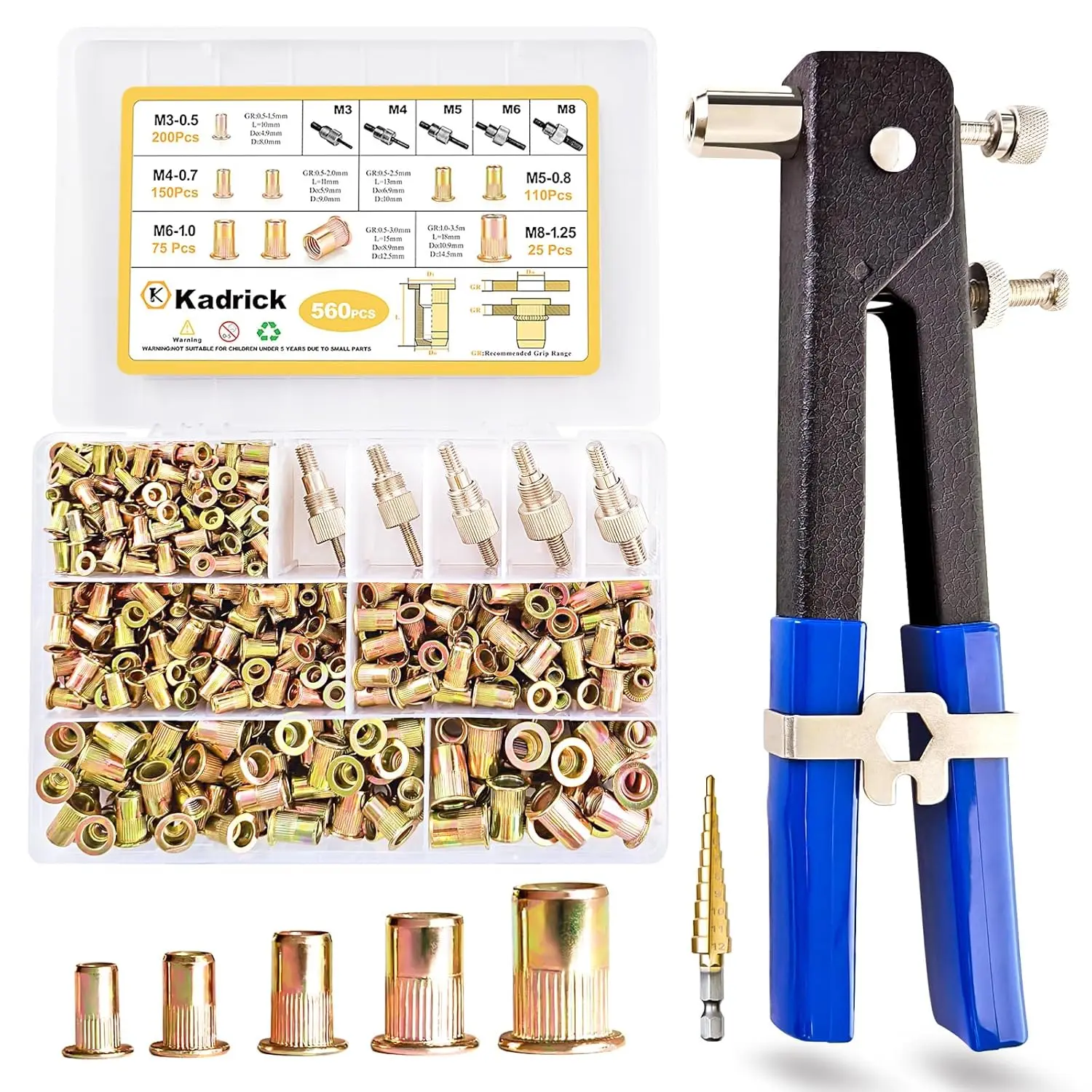 Rivet Nuts Tool Kit with 560PCS Metric Threaded Rivets (M3 M4 M5 M6 M8),-Duty 16" Rivet Nut Gun with 5 Mandrels, Nutsert Tool Kit for, Automotive, DIY Projects
