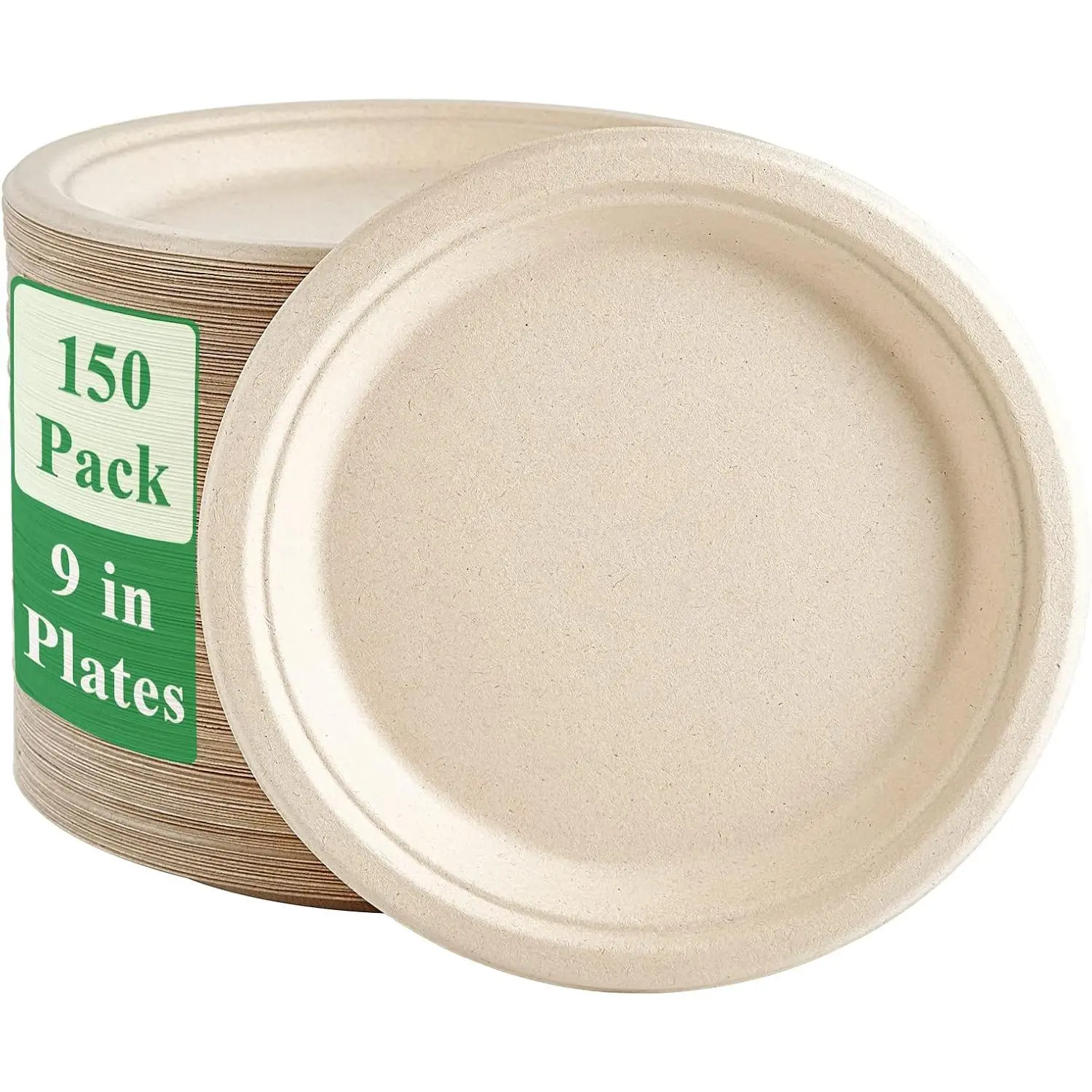 Vplus 150 Pack Paper Plates 9 inch 100% Compostable, Heavy-Duty Disposable Paper Plates Bagasse Natural Biodegradable Eco-Friendly Sugarcane