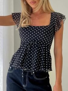 Chiffon Polka Dot Crop Top Women Cute Babydoll Daily Outfit Blouse Summer Tops Womenswear