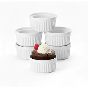 Ceramic Ramekins 6 Oz White Set of 6 | Oven, Microwave & Dishwasher Safe Porcelain Souffle and Creme Brulee Cups for Custard, Pudding, Dips & Individual Desserts, Thick Wall Heat Resistant Construction