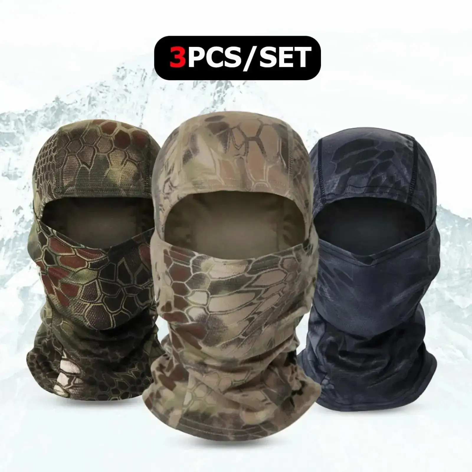 3PC Breathable Python-Pattern Sports Balaclava – Quick-Drying Full-Face UV Protection Headgear, Tactical Outdoor Accessories for Motorcycling, Helmet Liner & Active Sports