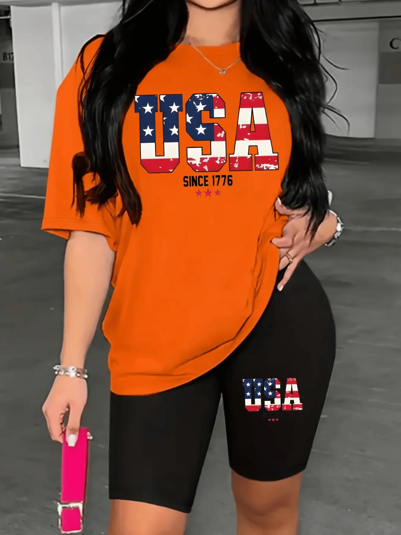 Women's 2-Piece Sports Set, Usa Flag Letter Print, Casual Round Neck T-Shirt & Tight Shorts, Elegant Style for All Seasons, Perfect Gift, Athleisure Sportswear Set, Athleisure Activewear Set