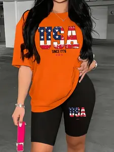 Women's 2-Piece Sports Set, Usa Flag Letter Print, Casual Round Neck T-Shirt & Tight Shorts, Elegant Style for All Seasons, Perfect Gift, Athleisure Sportswear Set, Athleisure Activewear Set