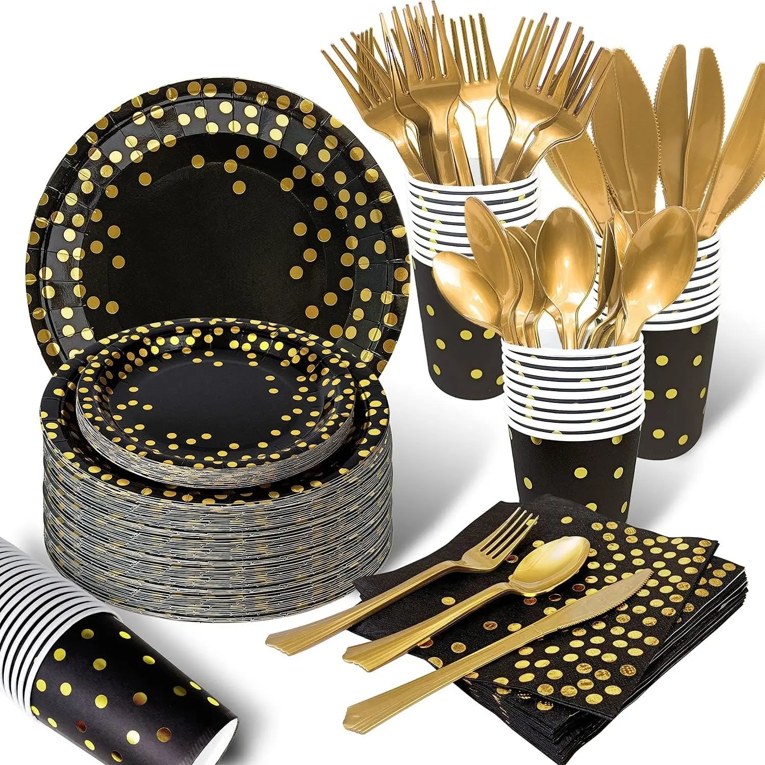 Black Gold Paper Plates Set, 175PCS Disposable Dinnerware Serves 25 | Thick Food-Grade Paper, Ideal for Elegant Weddings, Birthdays, Graduations, Leakproof Heavy-Duty, Eco-Friendly Party SuppliesGift