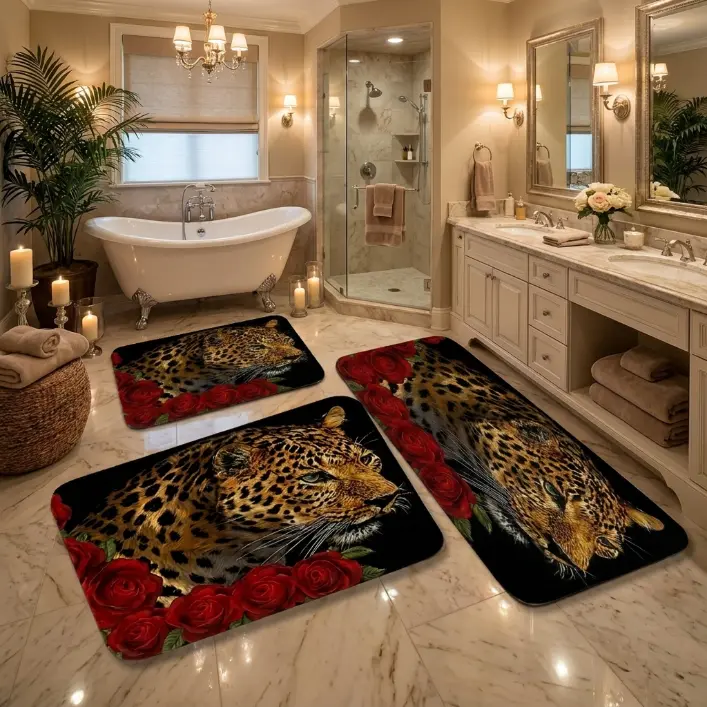 1/ 2/ 3pcs Leopard Rose Valentine's Day Flannel Soft Kitchen Rugs Non Slip Washable, Throw Mat, Non-Skid Runner Mat, Floor Mat, Doormat, Living Room Laundry Bathroom Water-absorbing Mat Set, Area Mat, Decor