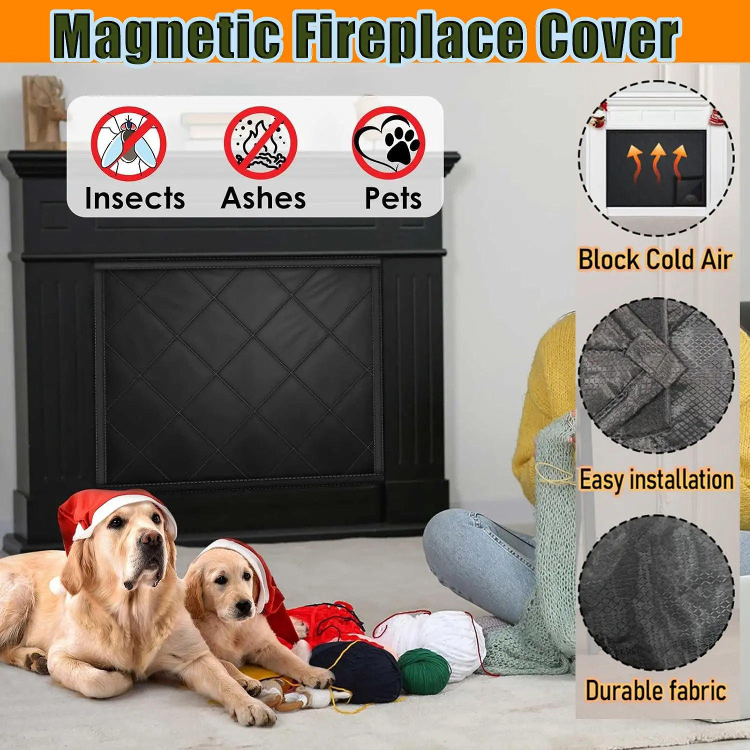 Insulated Magnetic Fireplace Draft Stopper Cover, Oxford Diamond Grid Fireplace Blanket, Energy Saving Wind Dust Proof Indoor Fireplace Screen