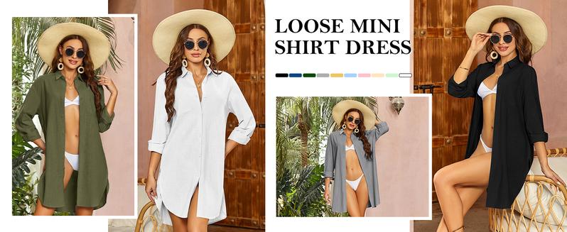 Saodimallsu Womens Button Down Shirts Linen Cotton Long Sleeve Blouse Tunic Tops Cover Up Shirt Loose Beach Bikini Dress