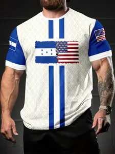 Latest Honduras and Usa Flag Patchwork Trendy Personality Sporty T-Shirt, Unique Design, Perfect for Casual Wear, Stand Out Style