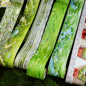 6 rolls vintage lawn pattern tape with pebble paths, grassy lawns, floral designs, vintage style, made waterproof PET material, self adhesive, perfect DIY journals scrapbooks planners
