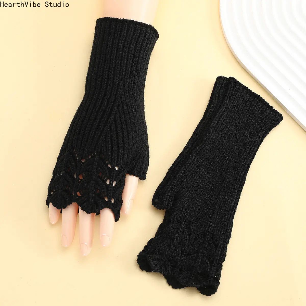 Elegant Black Lace Crochet Fingerless Gloves 1-Pair, Knit Wrist Arm Warmers for Women, Vintage Gothic Emo Hollow Out Mittens, Soft Thermal Hand Sleeves for Typing Driving Daily Wear