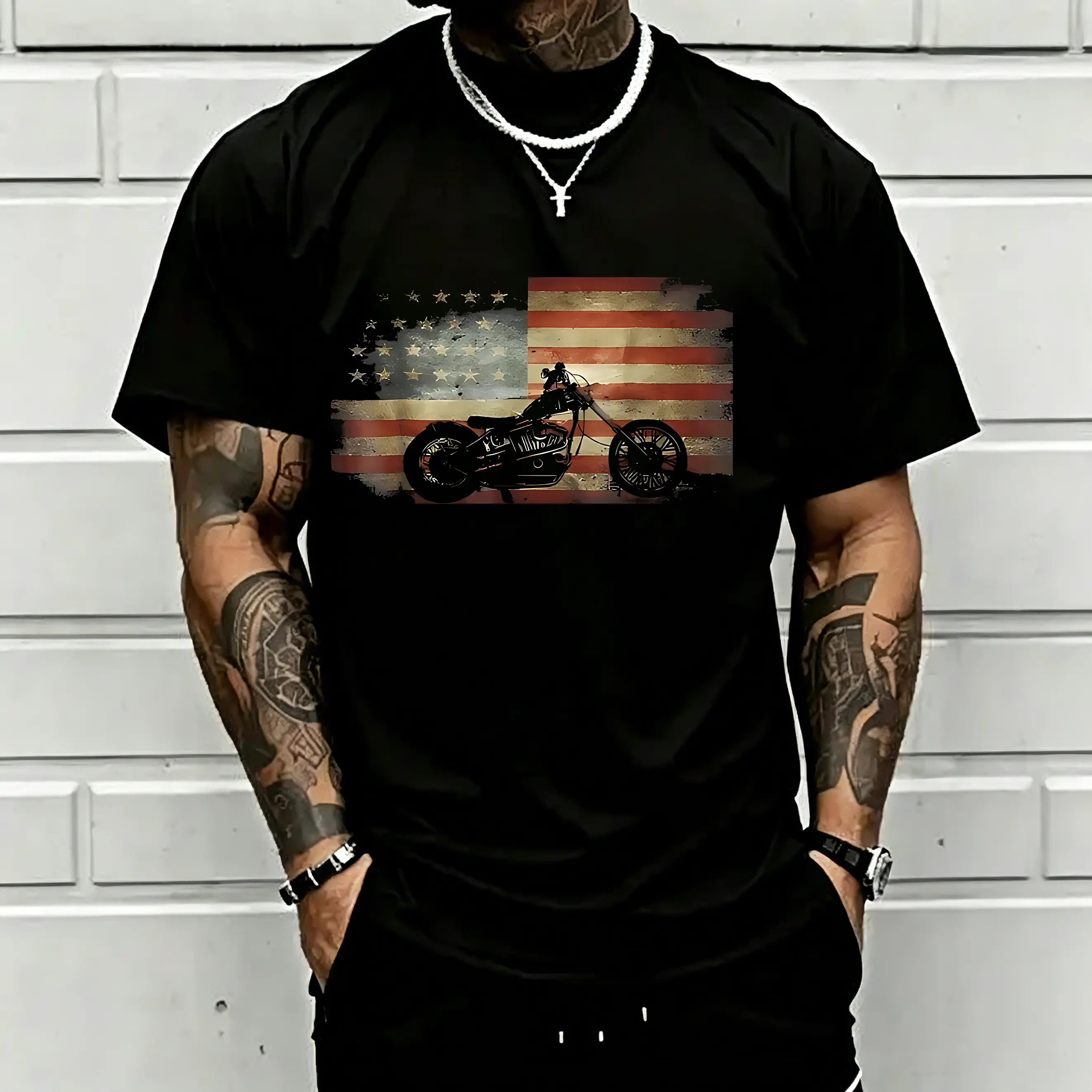Vintage Motorcycle American Flag Graphic T-Shirt, Biker Freedom Patriotic Tee, Retro Chopper Motorcycle Shirt, USA Flag Graphic Top, Casual Streetwear Riding Tee, Gift for Motorcycle Lovers, Men Women Everyday Graphic Shirt