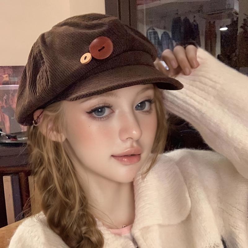 Retro Corduroy Beret Hat - Breathable Flannel Octagonal Design with Button Detail, Brown Four-Season Versatile Literary Style Hat for Casual Outfits, Birthday Gift for Friends