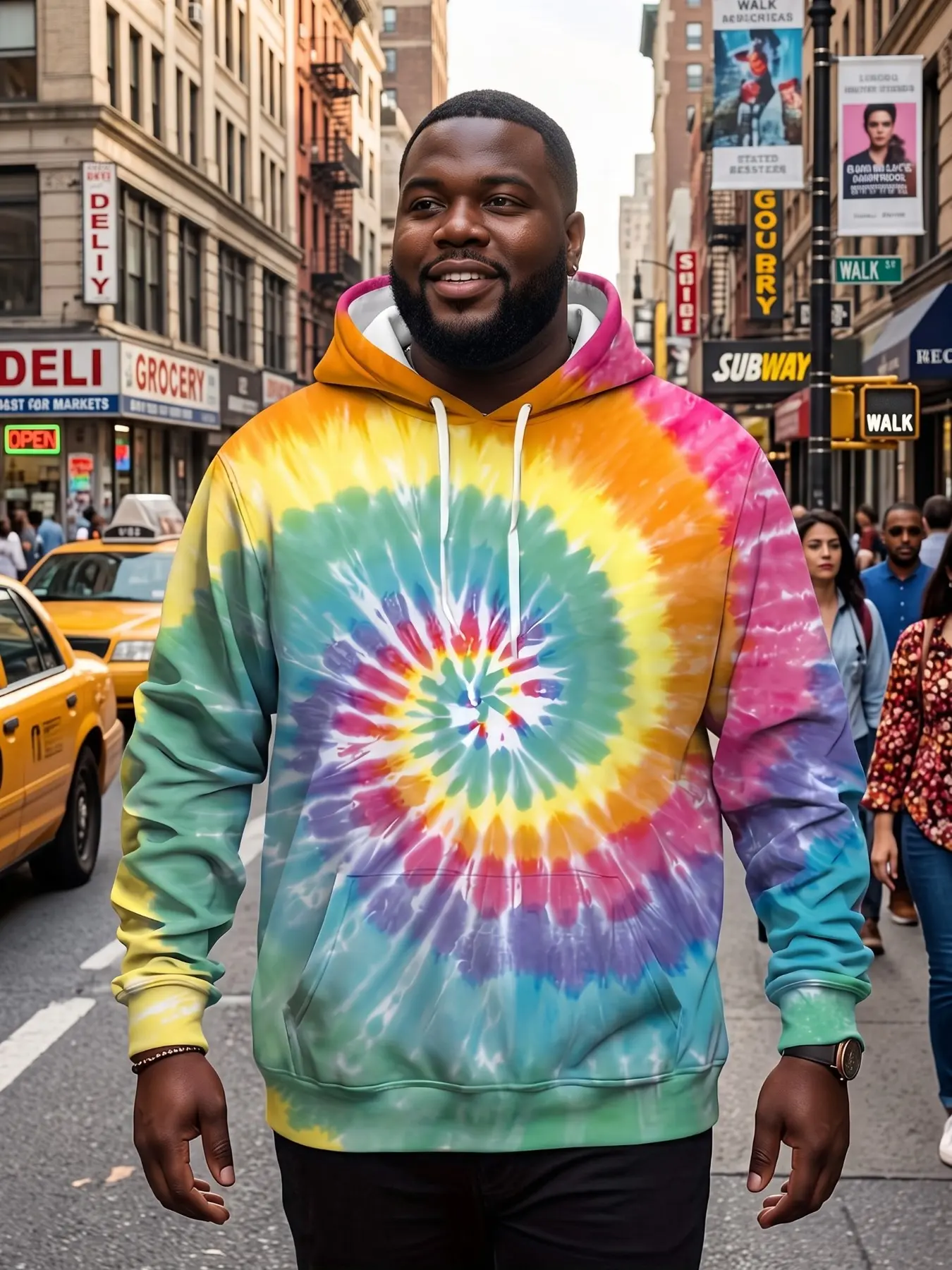 Men's Casual Plus Size Hoodie, Rainbow Spiral Tie Dye Gradient Colorful Vortex Digital Full Print, Retro Hippie Streetwear Commuter