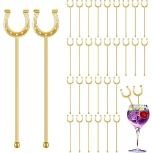 6 Inch Derby Drink Plastic Stirrers Swizzle Sticks for Cocktails Coffee Reusable U Shaped Horseshoe Drink Stirrers for Coffee Beverage Party Bar Weddings Events(Gold,30 Pcs)