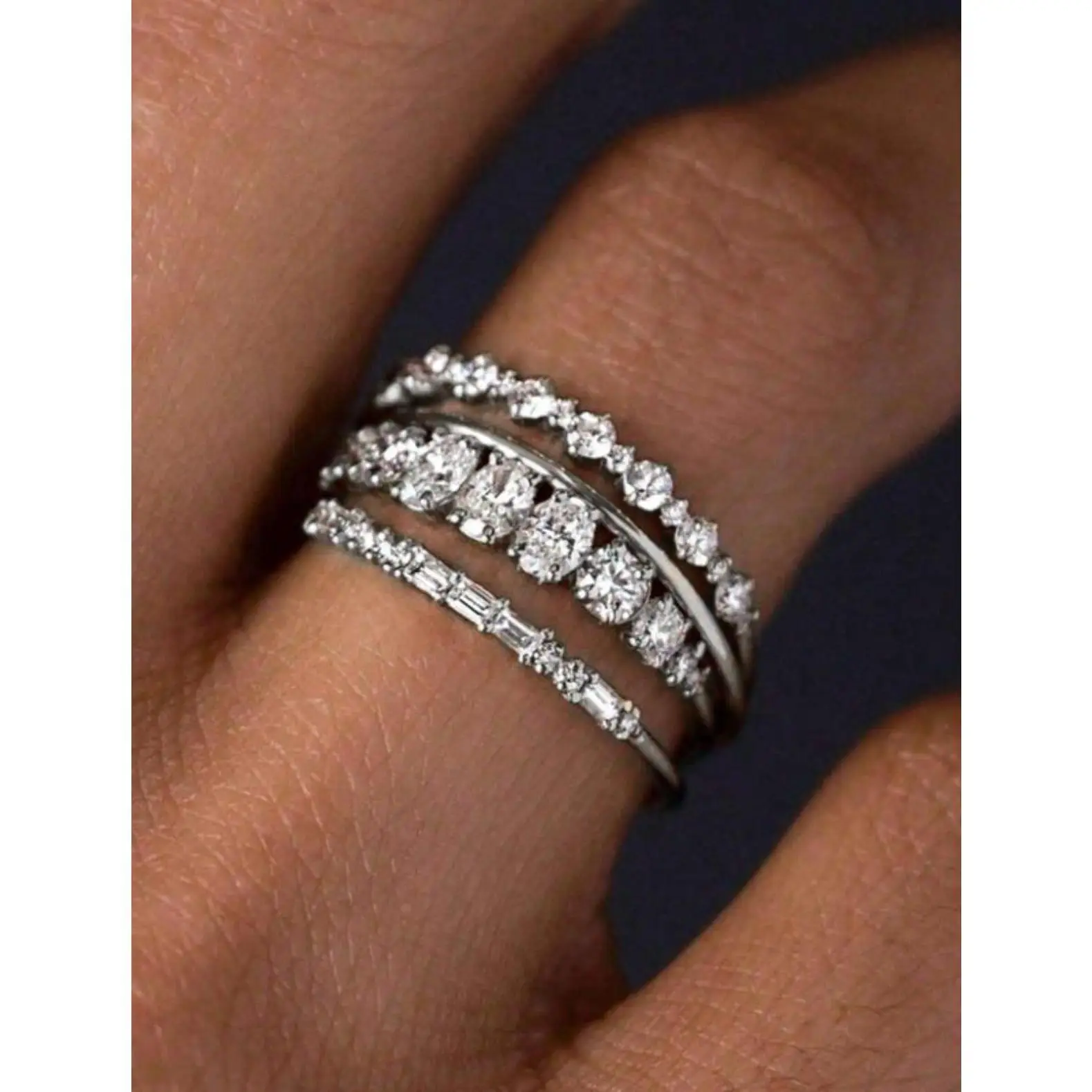 Women's 14K Brass Plated 4-Piece Fashion Stackable Rings Set - Dainty Round CZ & Plain Bands, Hypoallergenic, Non-Tarnish, Sizes 6-10, Daily Wear & Wedding Jewelry