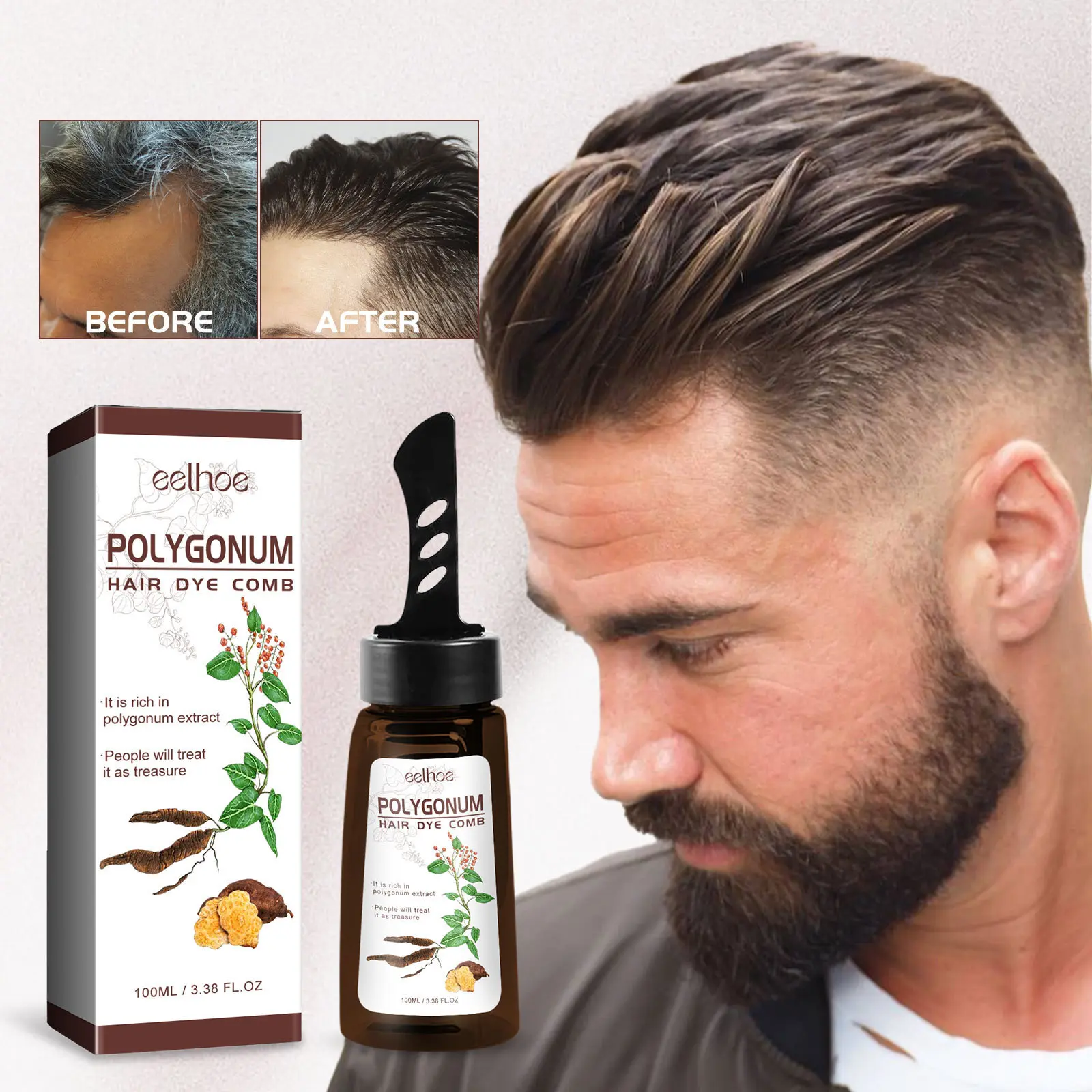 EELHOE Polygonum Hair Dye Comb 100ml, Easy-Apply Hair Color Comb for Gray Hair Coverage & Root Touch-Up, Smooth Even Coloring for Men & Women