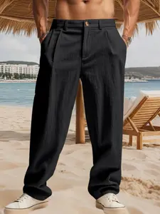 Men's Linen Wide Leg Pants, High Waist Straight Fit, Casual Long Trousers, Breathable Beachwear, Versatile for Travel & Leisure