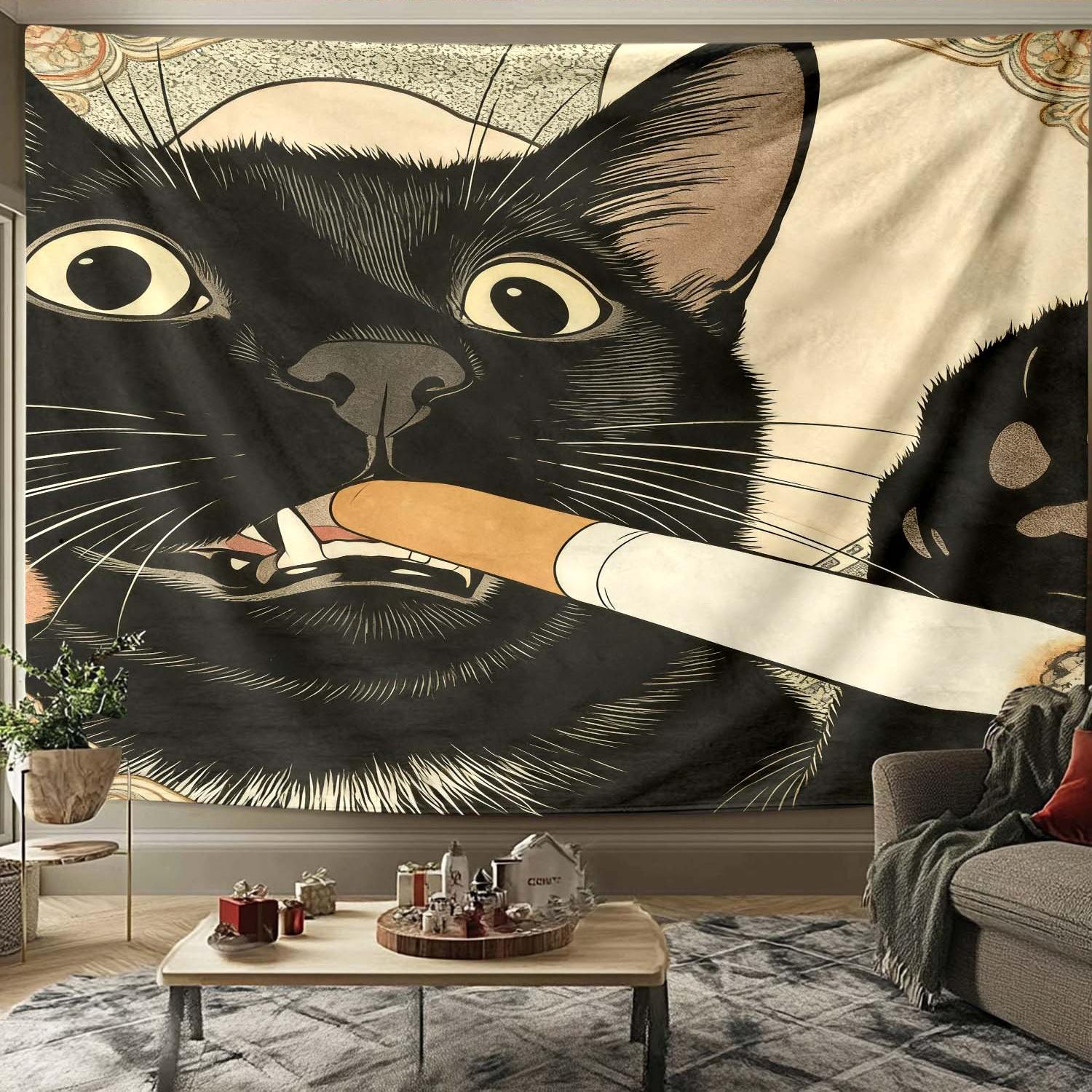 Distinctive Cat Tapestry, Humorous Illustration of a Smoking Cat, Large Artistic Wall Hanging, Decorative Background Cloth, Perfect for Living Room or Bedroom, 1 pc