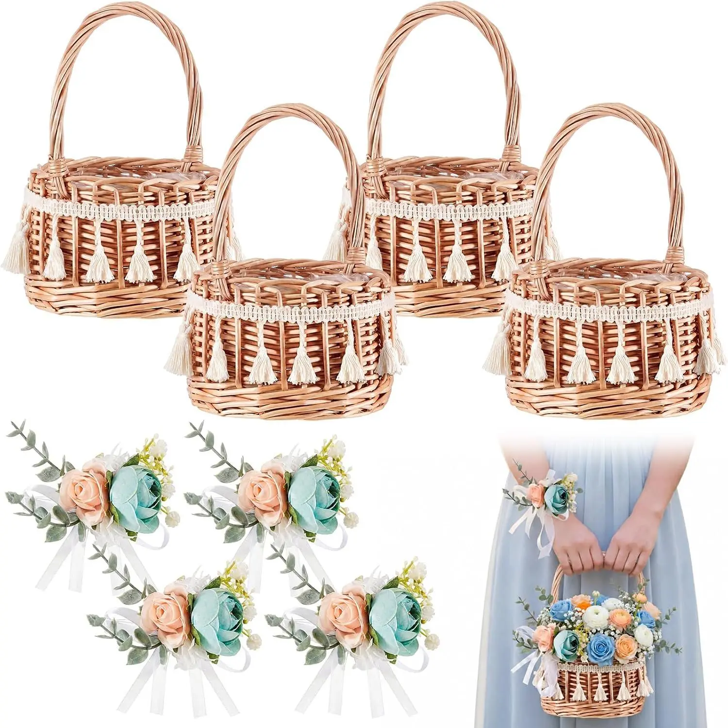 4 Pcs Rattan Woven Flower Basket with 4 Pcs Blue Wedding Wrist Corsage Small 5.12 x 8.27 Inch Rustic Wicker Floral Basket with Artificial Flowers and Handle for Home Wedding Birthday Decor