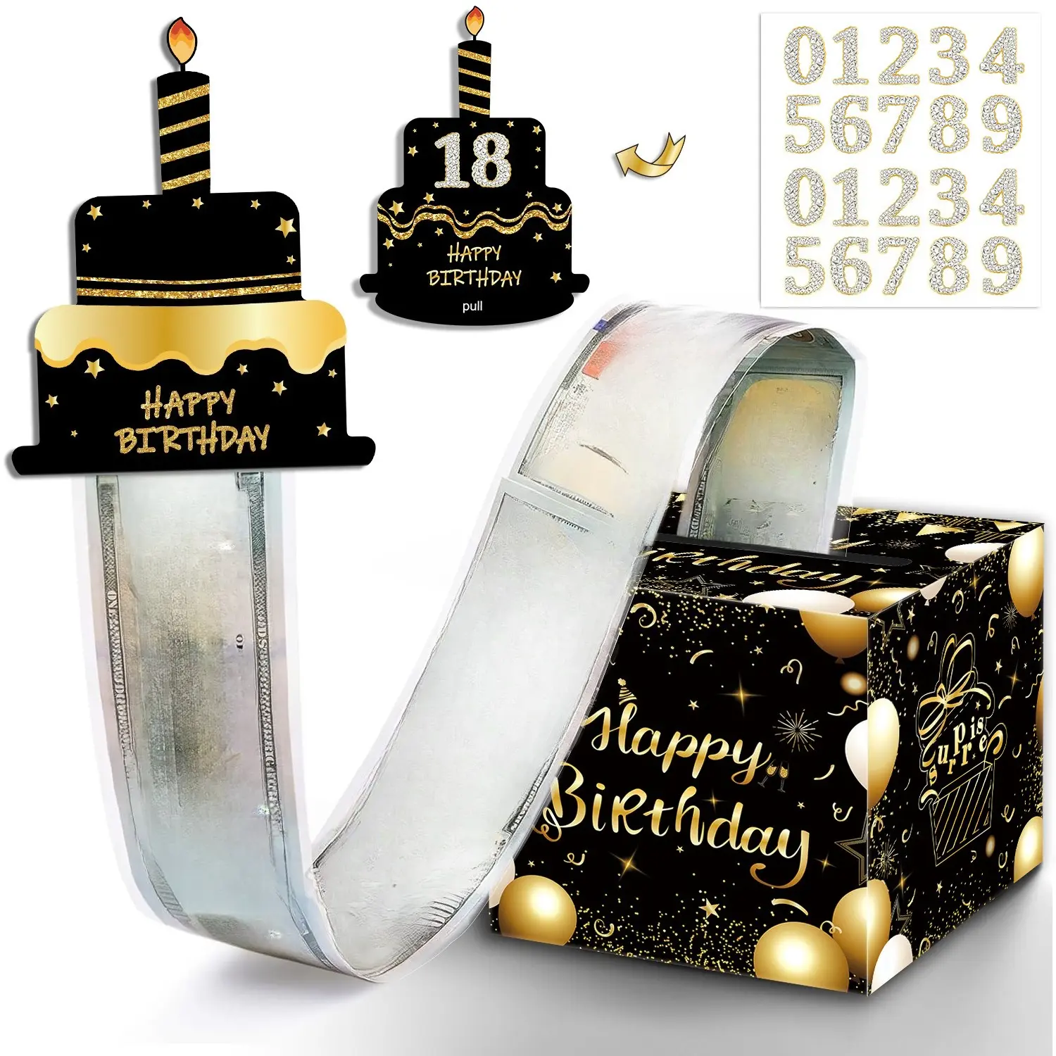 Black Gold Birthday Surprise Money Pull Box, Cash Draw Holder With Cake Topper & Number Stickers, Interactive DIY Party Decor Gift For Teens-Adults, Bag Accessory Charm For Birthday Celebrations