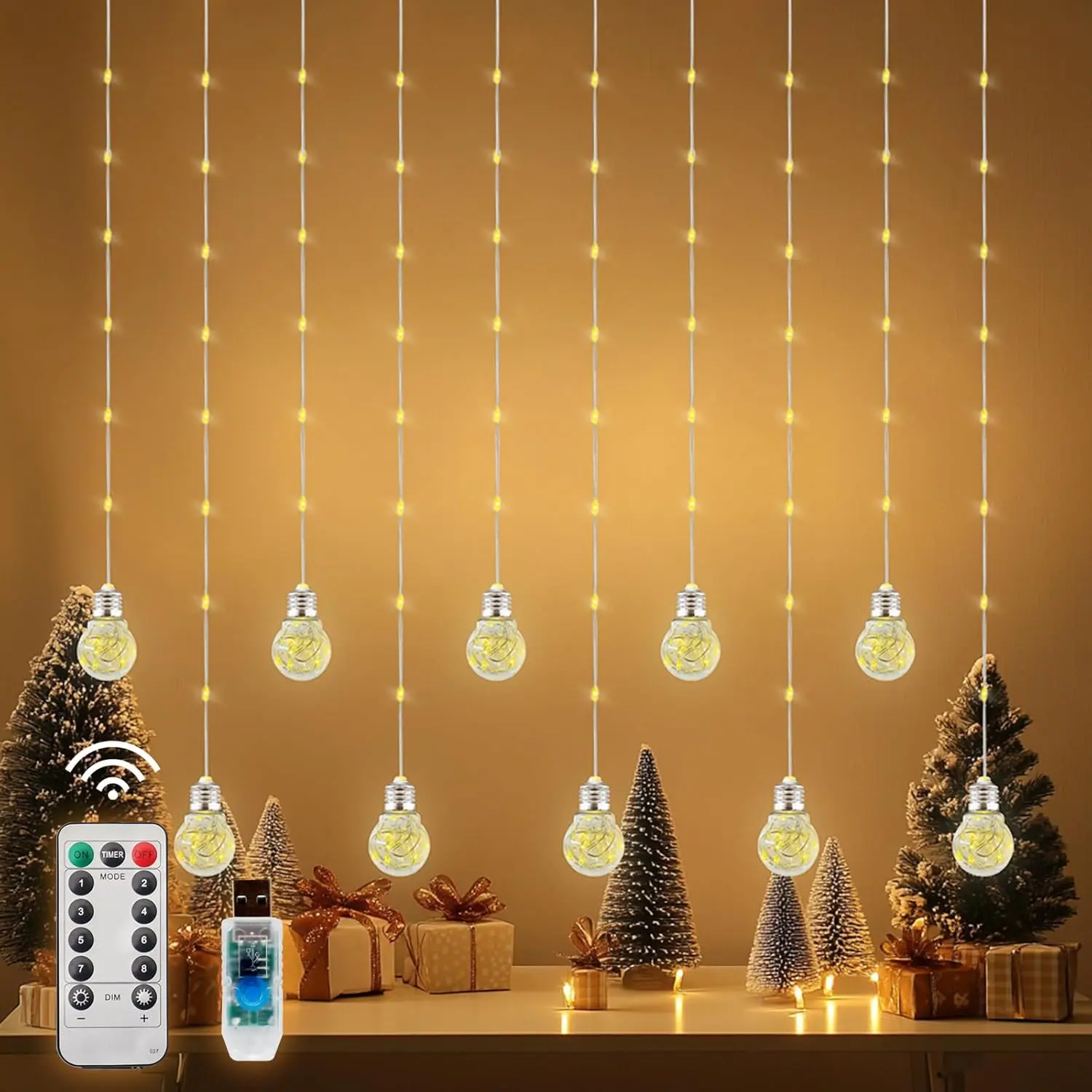 Wishing Ball Curtain Lights LED Window  Lights with Remote, USB  Twinkle Globe Fairy String Lights for Wedding Party Bedroom Christmas Indoor Outdoor Decoration (Warm White)