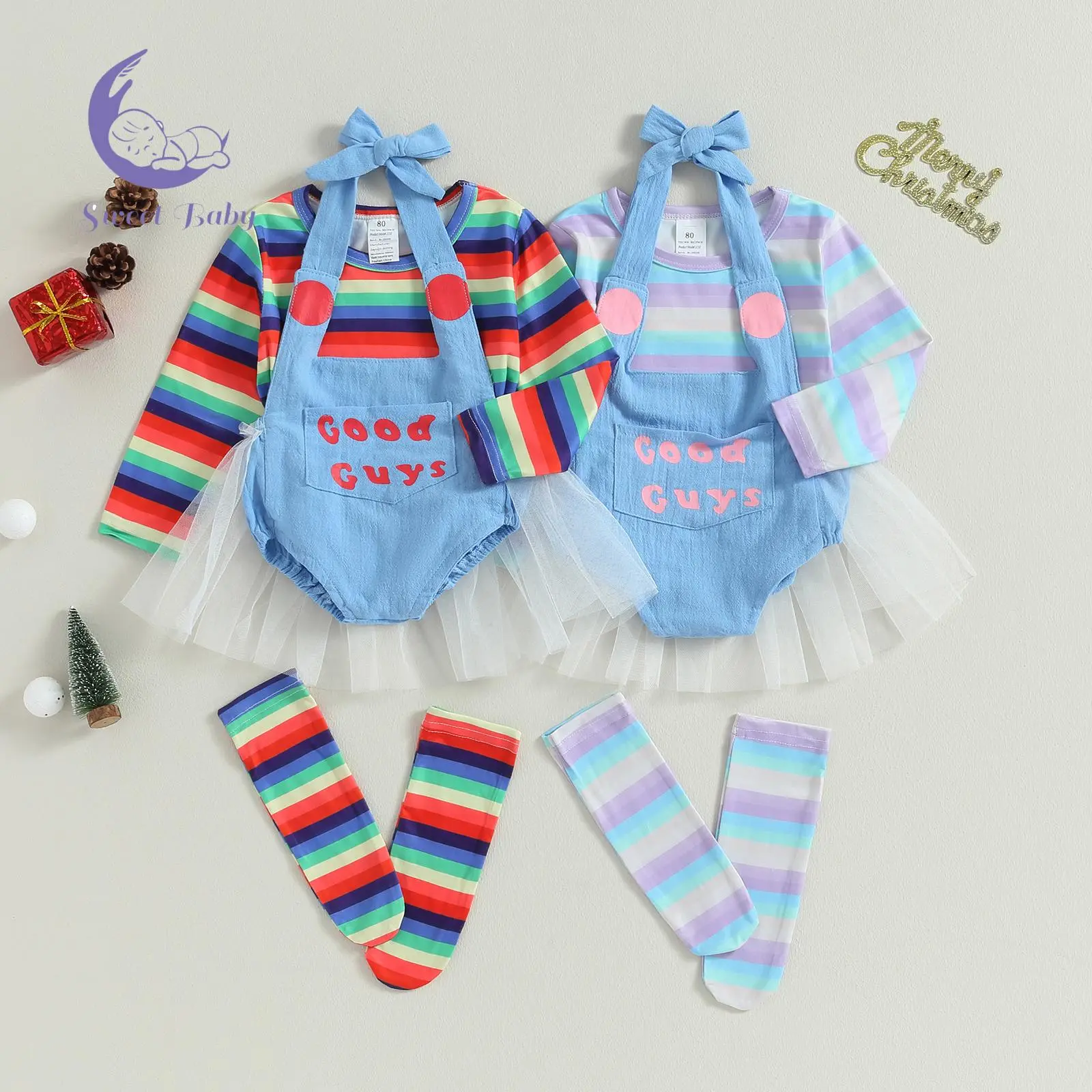 Toddler Girl Halloween Costume Set Rainbow Stripe Print Long Sleeve Tops + Letter Pattern Romper + Long Socks